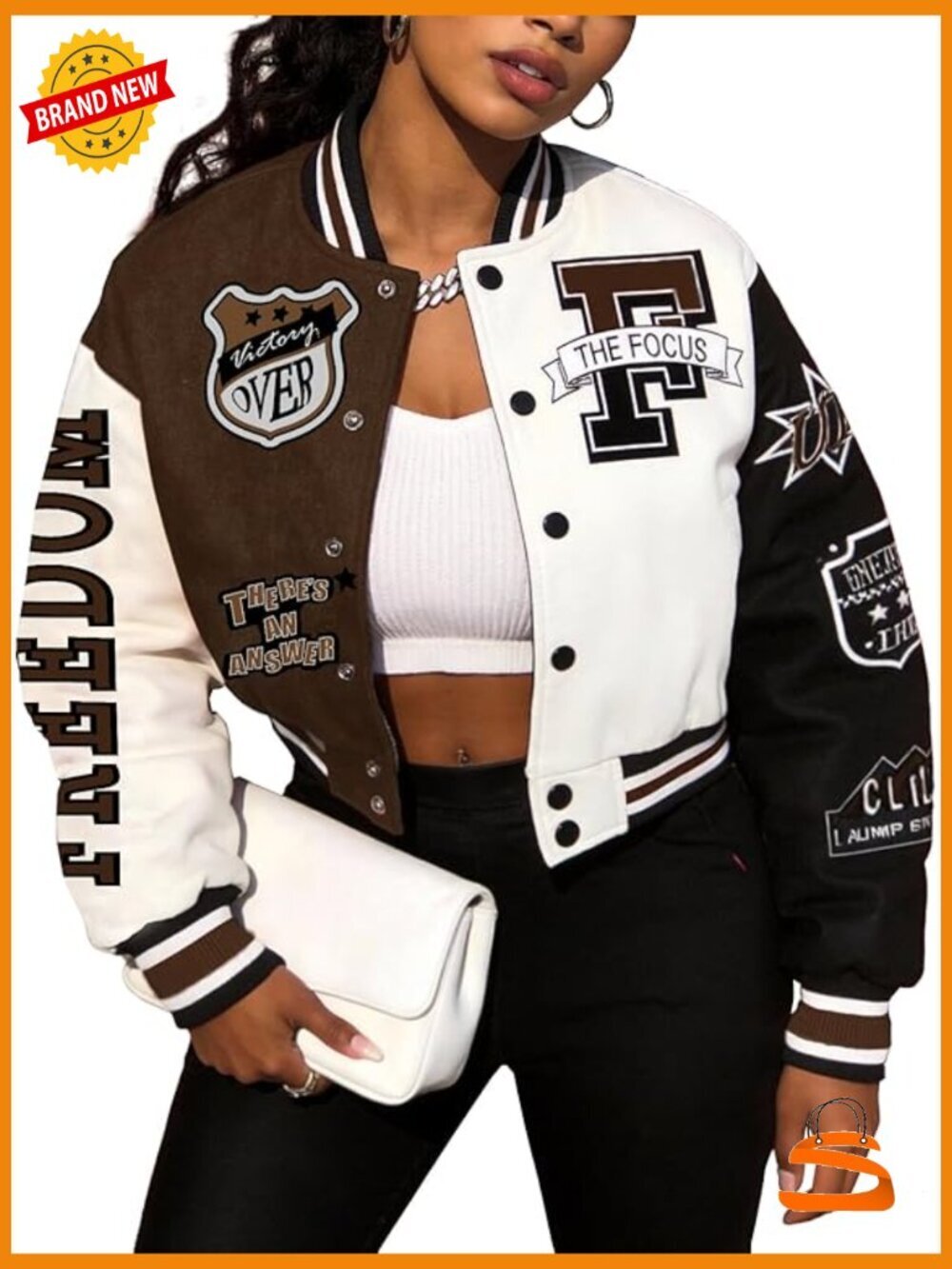 Cropped Varsity Jacket Baseball Y2k Colorblock Letter Print Button Down Bomber